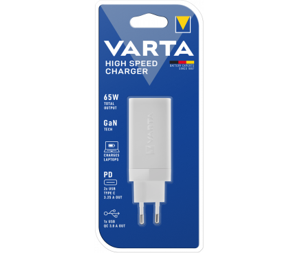 Incarcator Retea Varta GaN, 65W, 3.25A, 1 x USB-A - 2 x USB-C, Alb