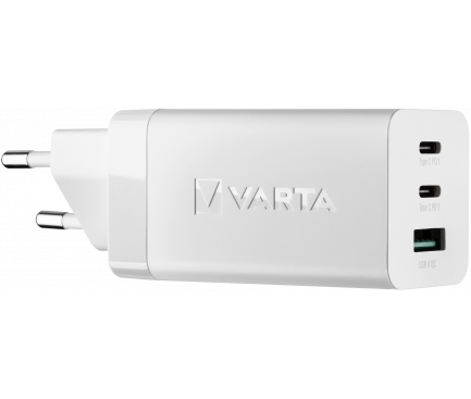A doua imagine a Incarcator Retea Varta GaN, 65W, 3.25A, 1 x USB-A - 2 x USB-C, Alb