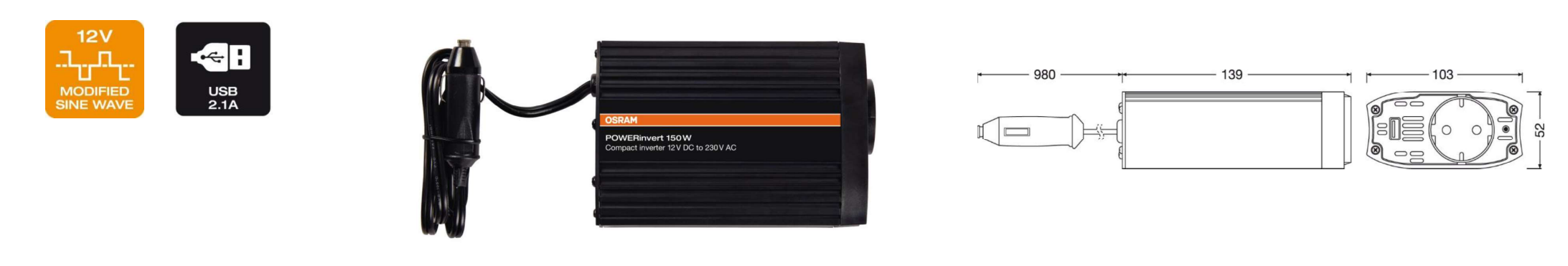 A doua imagine a Invertor Osram POWERinvert Modified Sine Wave Inverter 12V DC 150W