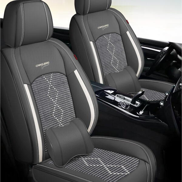 A doua imagine a Huse auto premium 5 locuri Carguard Deluxe piele ecologică perforată și textil - negru - alb