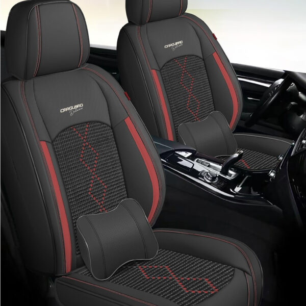 A doua imagine a Huse auto premium 5 locuri Carguard Deluxe piele ecologică perforată și textil - negru - rosu închis