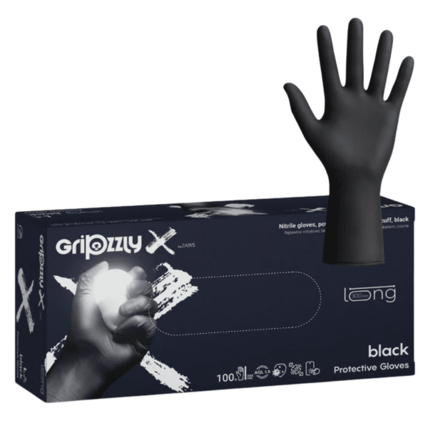 Manusi Nitril Texturate GripZzly X, Manseta Lunga, Negre, Rezistente la Chimicale si Uleiuri, 100 buc, Marime XXL