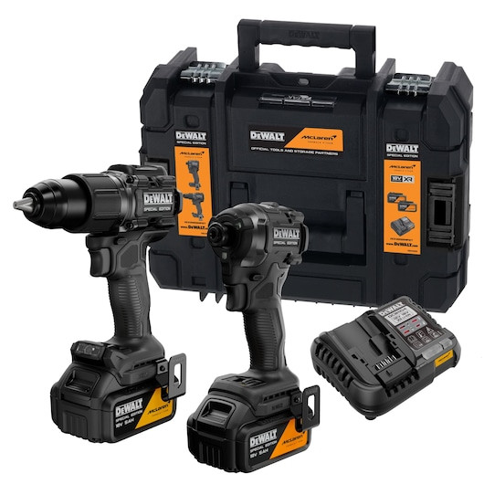 Set 2 unelte: mașină de înșurubat cu impact și mașină de găurit cu percuție, cu motor fără perii, DEWALT® x McLaren F1 Team 18V XR® Ediție Specială - 2 x 5Ah