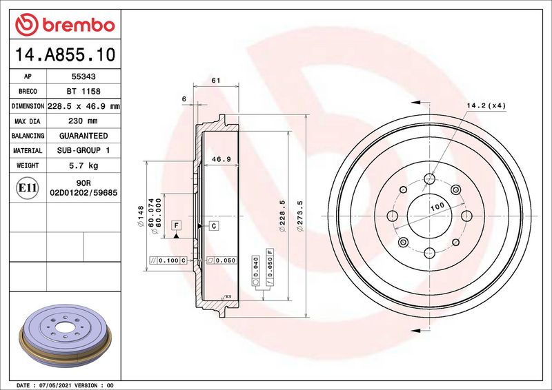 A doua imagine a Tambur frână Brembo 14.A855.10 spate