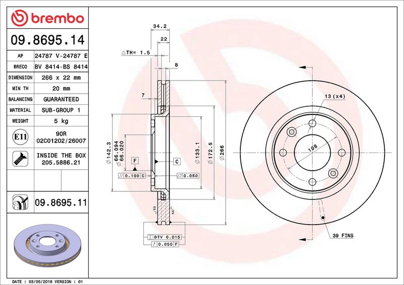 A doua imagine a Disc frână Brembo 09.8695.14 față