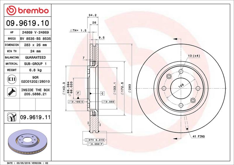 A doua imagine a Disc frână Brembo 09.9619.10 față