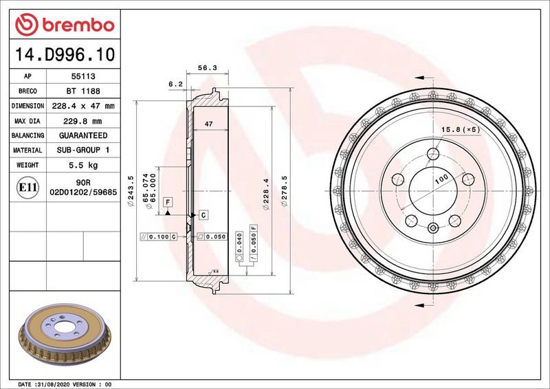 Tambur frână Brembo 14.D996.10 spate