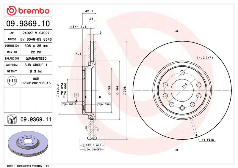 A doua imagine a Disc frână Brembo 09.9369.10 față